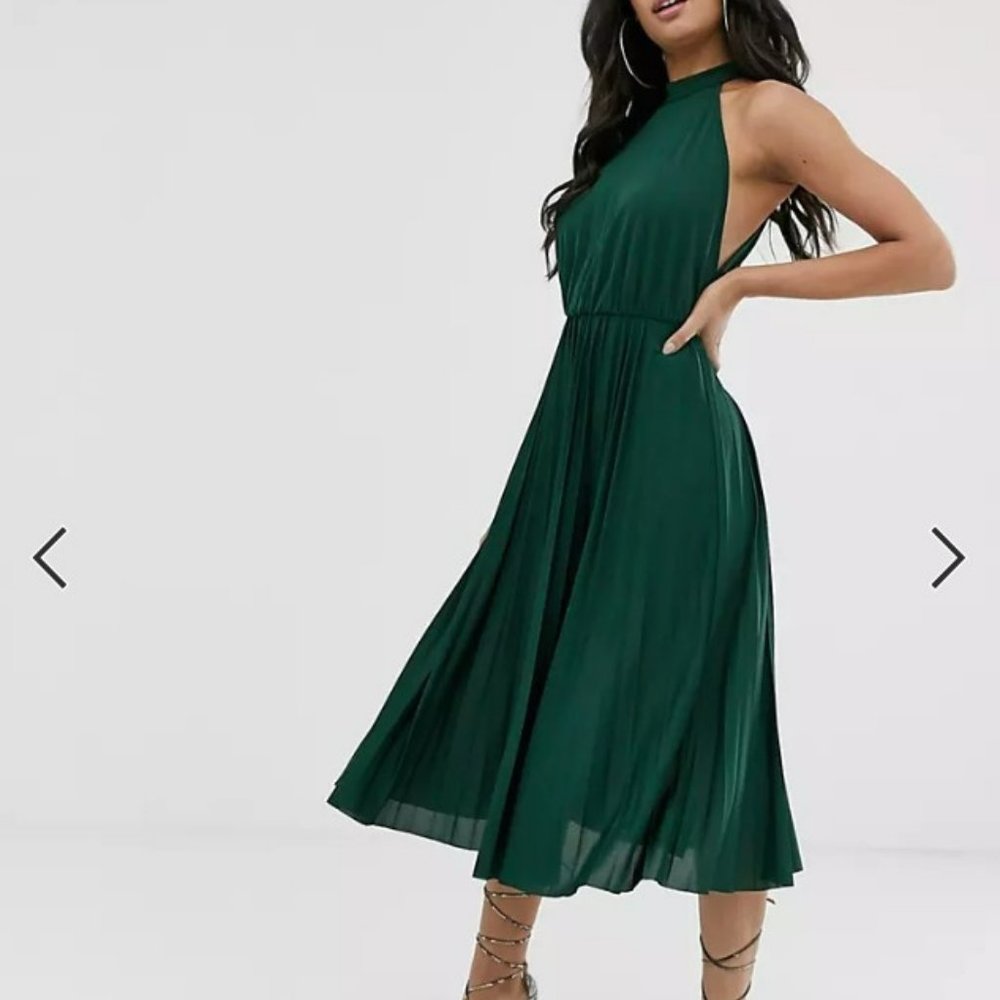 NWT - ASOS DESIGN Halter Pleated Waisted Midi Dress - US 2 - Emerald Green